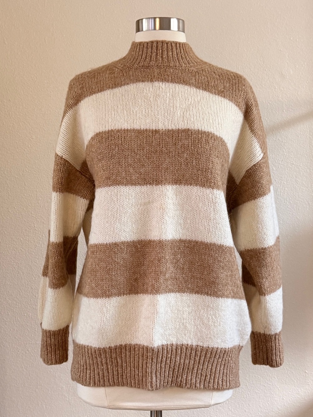 Mango Wide-Stripe Mock Neck Sweater in Cream & Tan